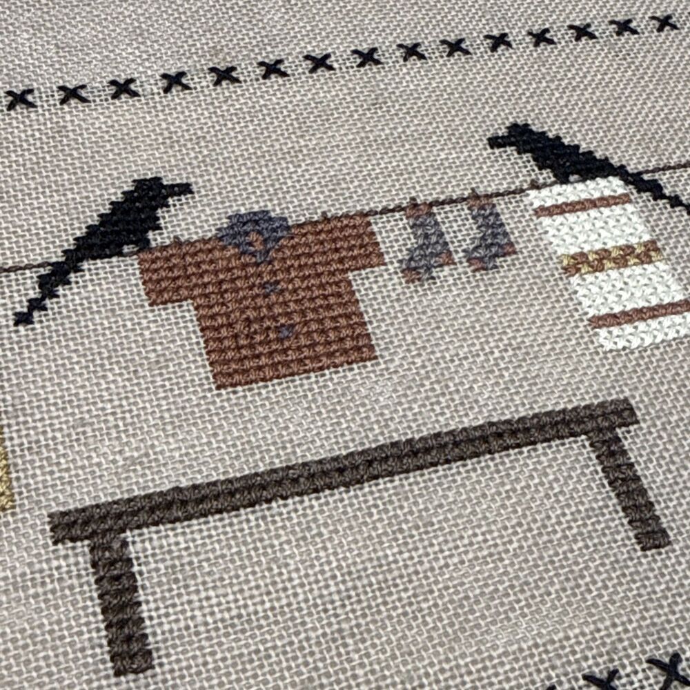 Crows On Clothesline Framed Cross Stitch Completed 16”x8.5” Framed Art - Picture 8 of 9